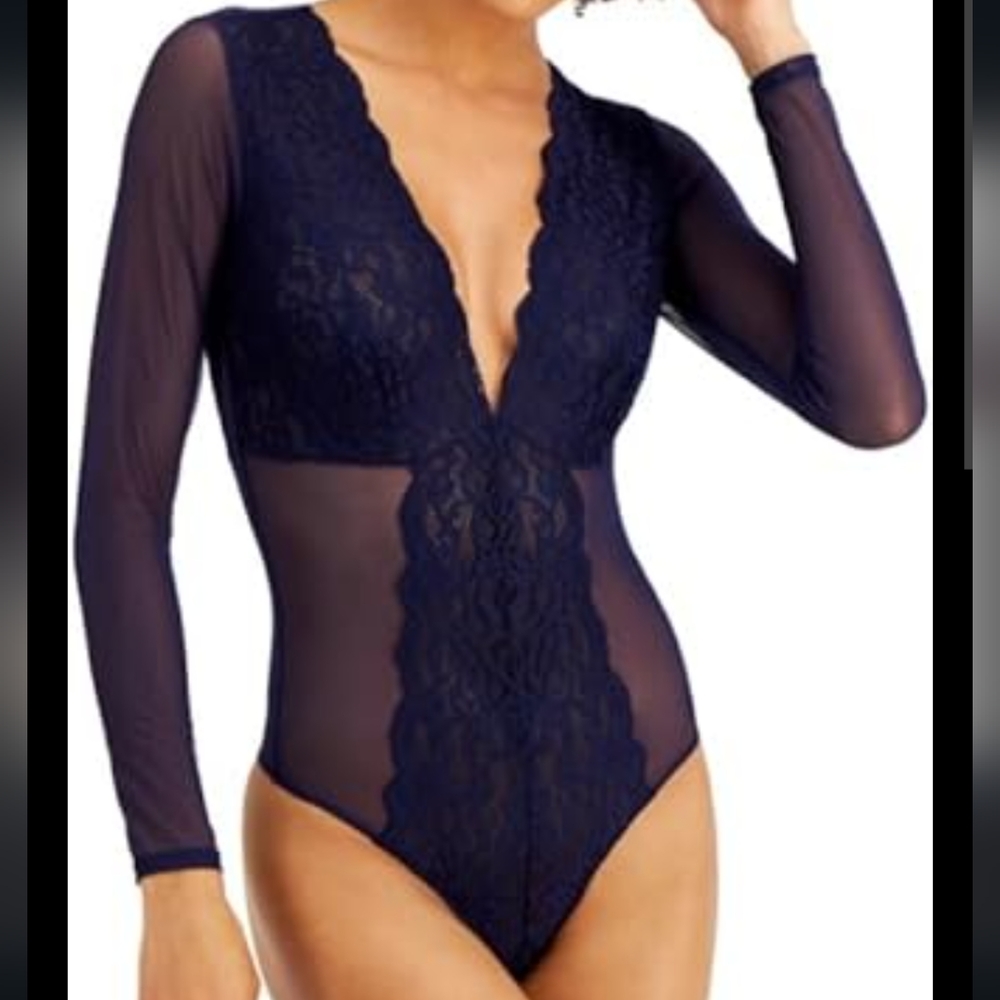 INC International Concepts Long-Sleeve Lace Mesh Bodysuit Vibrant Navy XXL